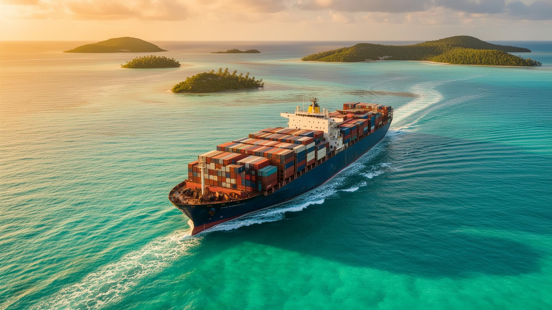 Cargo ship sailing through Pacific Islands